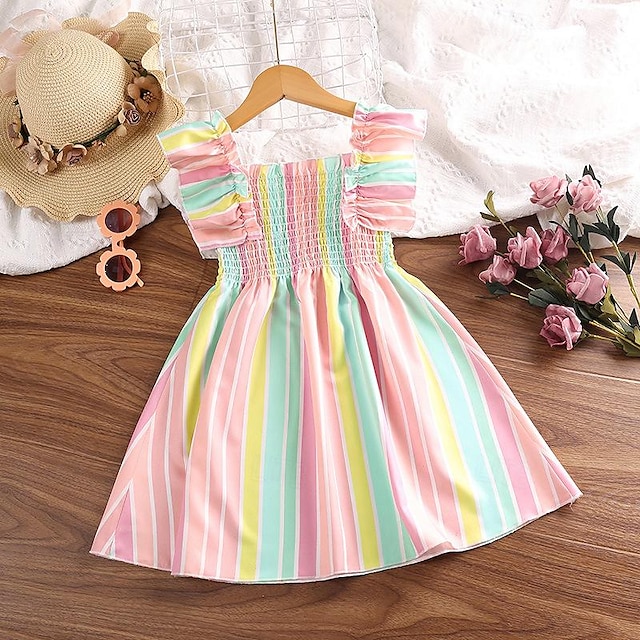  barn uformell stroppkjole for jenter sommer småbarn regnbuestripet prinsesse a-line kjole mote barneklær