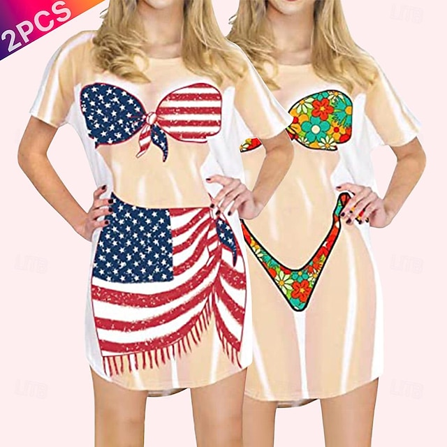  Women's 2 PCS Bikini Shirt Cover Up Dress Funny Cute Bikini Print for Swimwear Short Sleeve 3D Graphic Baggy Swimwear Cover-Up