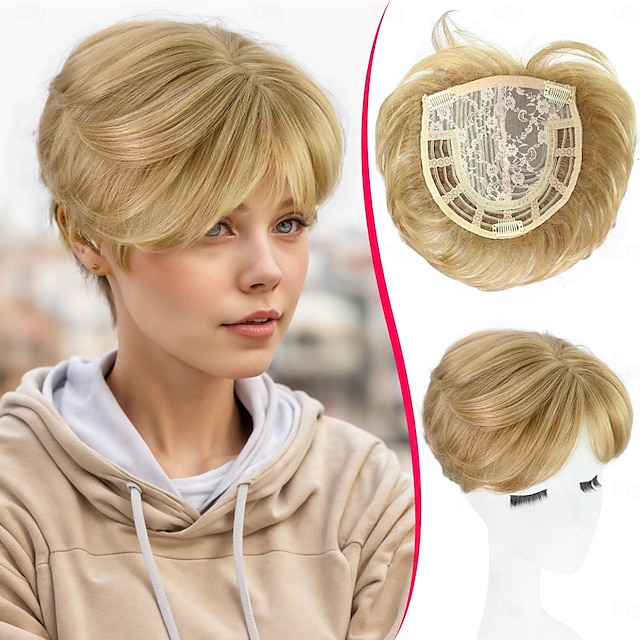  korthårstoppere med pannelugg blond med høydepunkter pixie cut klips i syntetiske wiglets hårstykker for kvinner med tynt hår