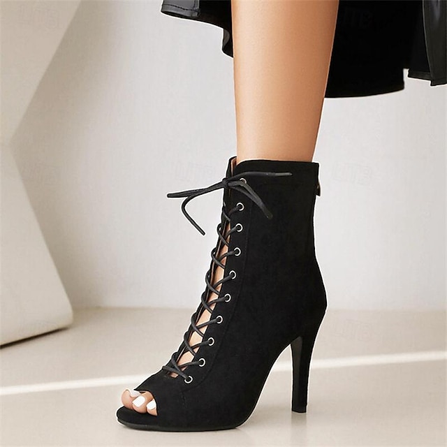  Women's Heels Sandals Boots Summer Boots Lace Up Boots Heel Boots Party Club Lace-up Stiletto Peep Toe Fashion Minimalism Faux Suede Zipper Almond Black