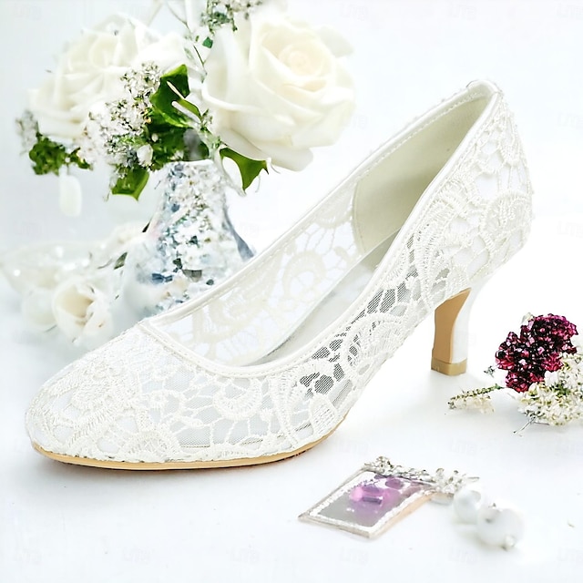  dámské lodičky svatební svatební boty krajkové kotě podpatek kulatá špička klasický minimalismus krajkový povaleč černá bílá slonová kost