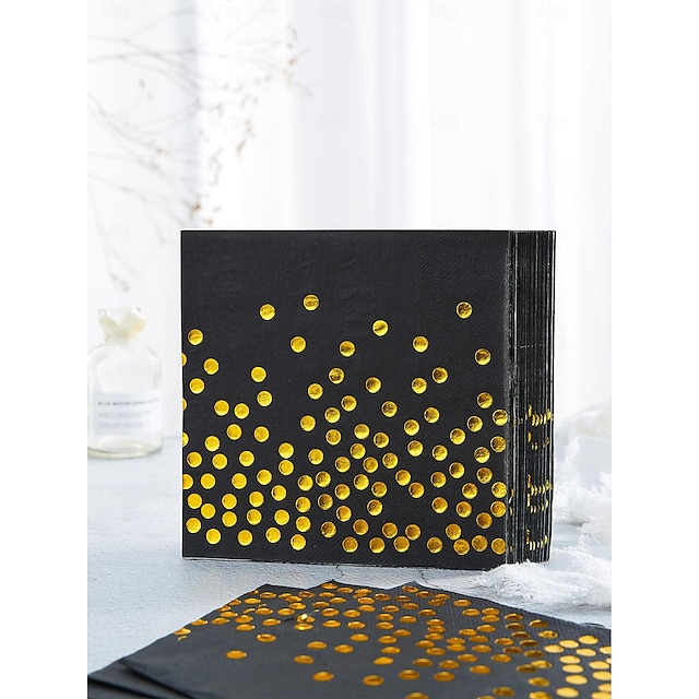  24 Stück/Set Einwegservietten in Schwarz und Gelbgold, 33 x 33 cm, 2-stöckiges Partyzubehör, goldene gepunktete Papierhandtücher, geeignet für die Dekoration von Abendessen, Abschluss, Jahrestag,