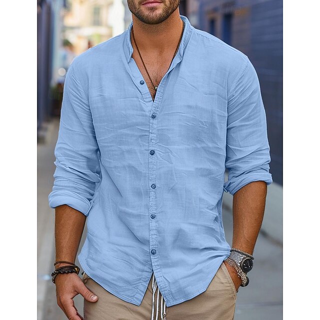 Men's Shirt Band Collar Shirt Summer Shirt Beach Wear Button Up Shirt Plain Casual Daily White Blue Long Sleeve Band Collar Spring & Summer Clothing Apparel4