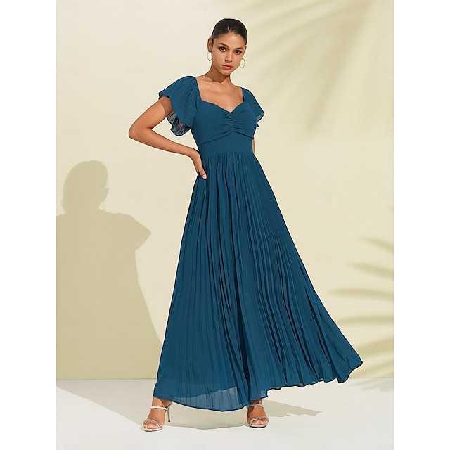  maxi-jurk van chiffon voor dames, elegante blauwe liefje geplooide v-hals met korte mouwen en a-lijn formele avondjurk