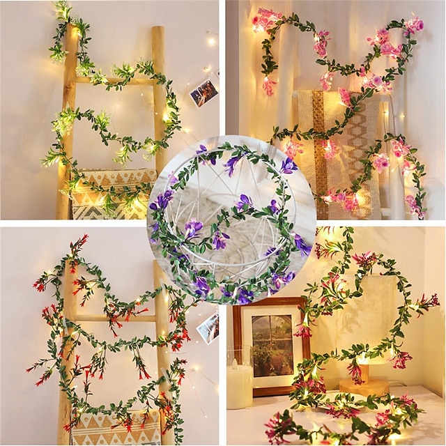  LED Flower Lights Green Ivy Leaves Fairy String Lights 2M 20LEDs Battery Operated Artificial Garland Plant Vine Fairy Light For Bedroom Wedding Party Holiday Patio