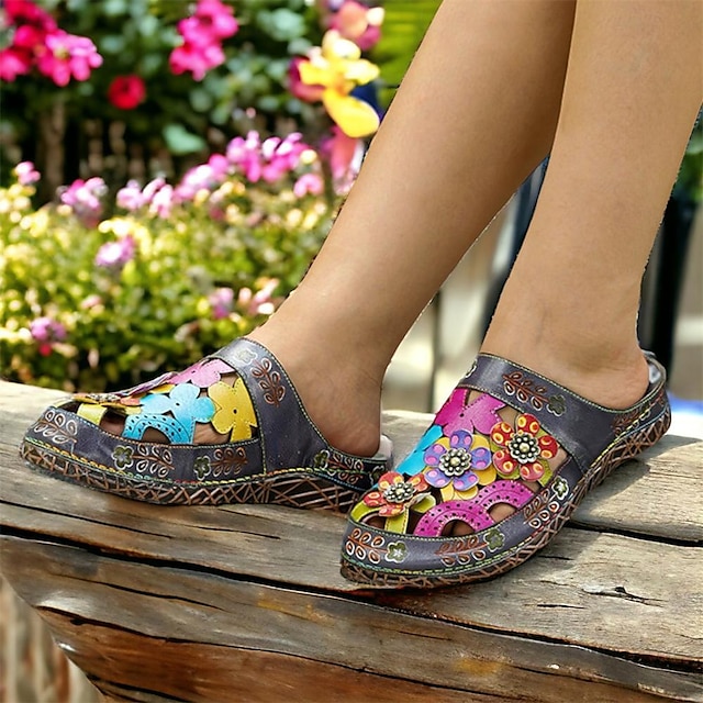 Women's Sandals Slippers Clogs Retro Plus Size Hand-painted Outdoor Daily Beach Buckle Flower Wedge Round Toe Bohemia Vacation Vintage Walking Premium Leather Loafer Blue