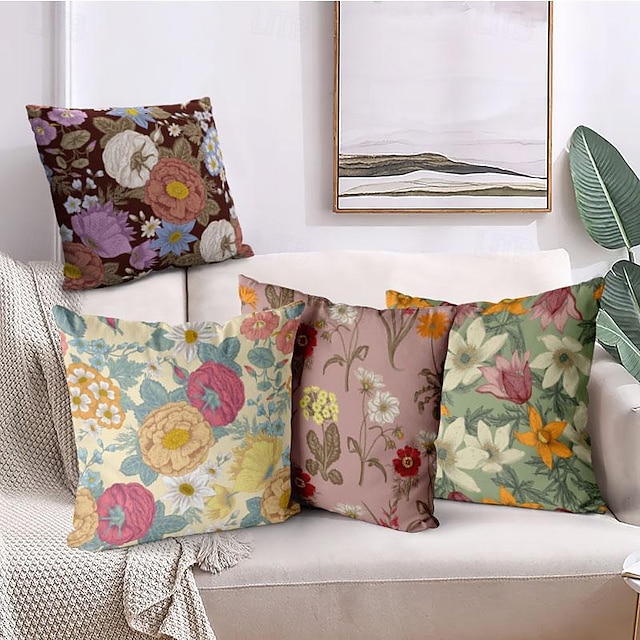  Housse de coussin décorative à motif floral vintage, taie d'oreiller carrée douce, pour chambre à coucher, salon, canapé, chaise, 4 pièces