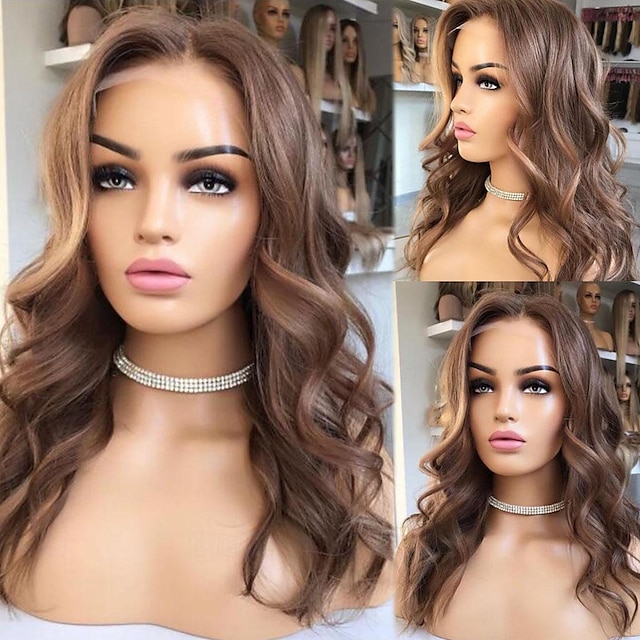  Perruque Cheveux vierges non transformés 13x4 devant en dentelle Cheveux Brésiliens Ondulé Marron clair Partie libre Femme Densité 130% 150% avec des cheveux de bébé Sans colle Pré-plumé Moyen A1