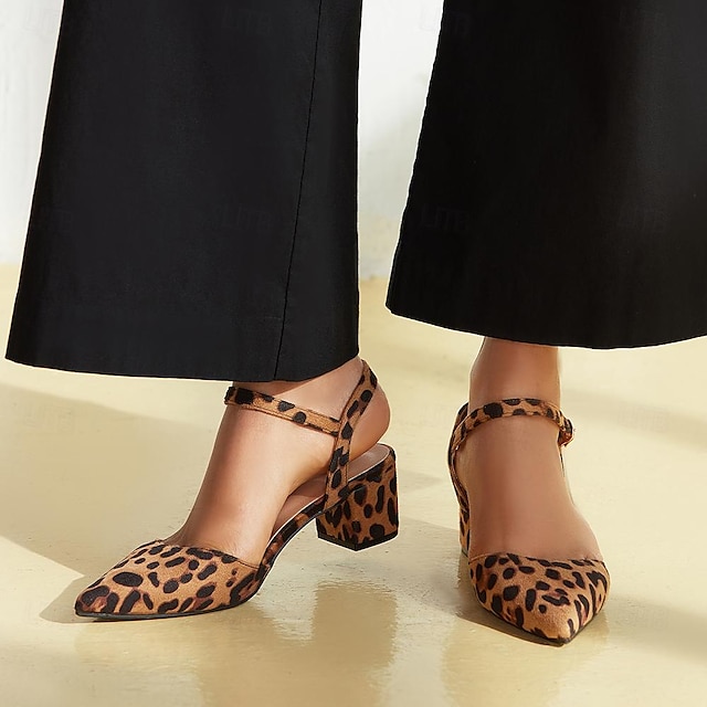  Mulheres Saltos Stiletto Sandálias com cadarço Sandálias com tiras Escritório Trabalho Diário Leopardo Salto de bloco Dedo Apontado Elegante Moda Conforto Couro Microbiano Leopardo