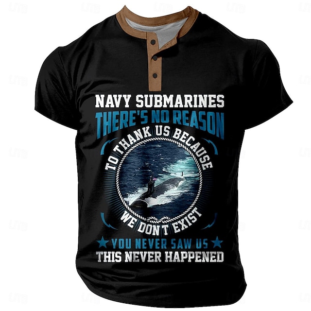  NAVY SUBMARINES Men's Casual 3D Print Henley Shirt Graphic Letter Henley Clothing Apparel  Daily Short Sleeve Print Button-Down Fashion Designer Comfortable