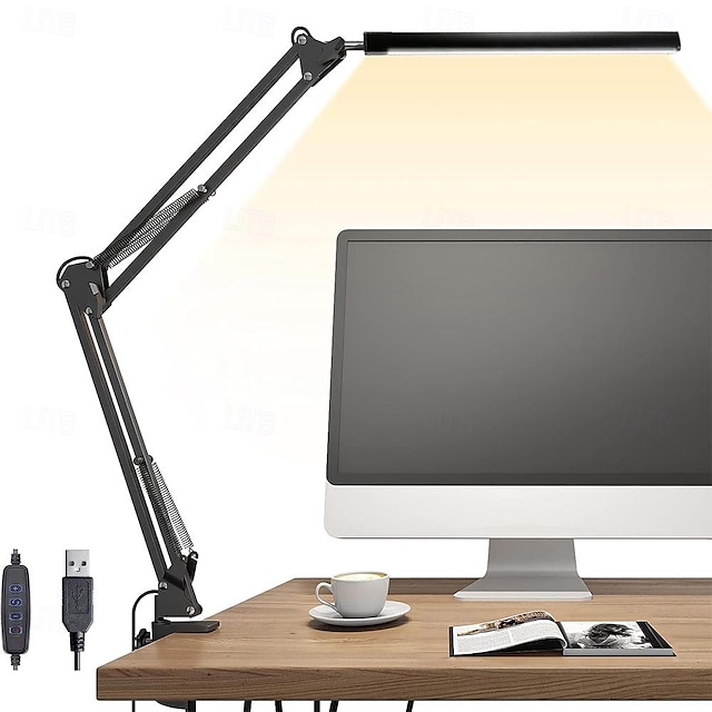  Lámpara de escritorio LED Luz de escritorio con brazo oscilante con abrazadera 3 iluminación 10 modos de brillo Lámparas de escritorio de lectura para oficina en casa 360 giros con adaptador USB &