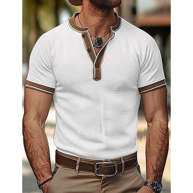  Herren Waffel-Henley-Hemd T-Shirt Feste Farbe Henley Outdoor Casual Kurzarm Taste Bekleidung Modisch Designer Komfortabel