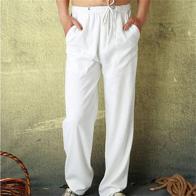  Men's Linen Pants Trousers Summer Pants Beach Pants Pocket Drawstring Elastic Waist Plain Comfort Breathable Daily Holiday Vacation Hawaiian Boho ArmyGreen Black