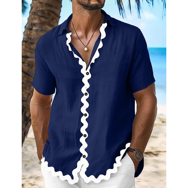  Homens Camisa Social camisa de linho camisa de verão camisa de praia Preto Azul Marinha Bege Manga Curta Tecido Colarinho Verão Primavera Casual Diário Roupa