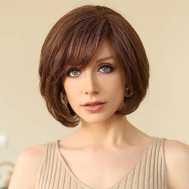  Synthetic Wig Natural Wave Asymmetrical With Bangs Machine Made Wig Short Light Brown Dark Brown Dark Ash Blonde Blonde Synthetic Hair Women's Classic Blonde Brown Light Brown