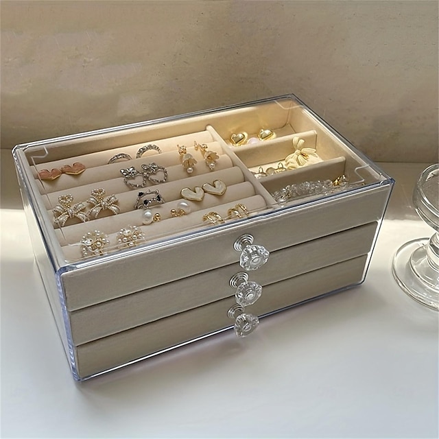  tre-lags gennemsigtig akryl smykkeopbevaringsboks: multifunktionelt vitrineskab til ringe, halskæder, armbånd, ideel til opbevaring og udstilling af smykker på skrivebordet
