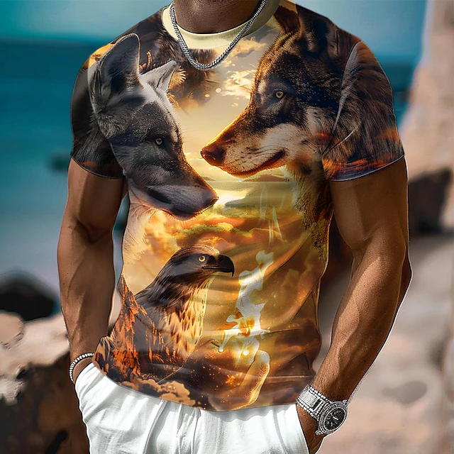 Men's Graphic Animal Wolf T Shirt Short Sleeve T shirt 3D Print Crew Neck Shirt Retro Vintage Casual Street Style Sports Outdoor Holiday Going out Orange Spring & Summer Clothing Apparel S M L XL 2XL4