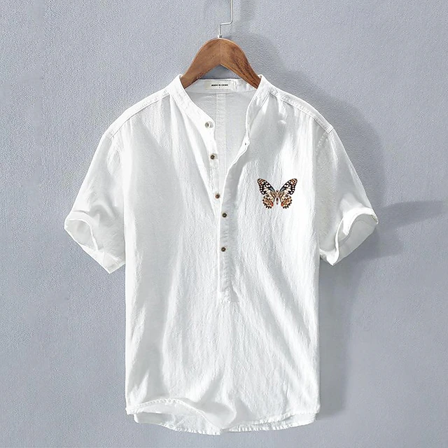Men's Shirt Cotton Linen Shirt White Cotton Shirt Chinese Collar Shirt Mandarin Collar Shirt Casual Shirt Butterfly Vacation Casual White Navy Blue Gray Light Blue Short Sleeve Band Collar Summer 7