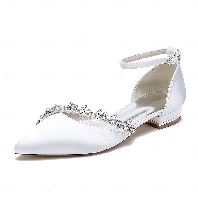  Women's Wedding Shoes Flats Ladies Shoes Valentines Gifts White Shoes Wedding Party Daily Wedding Flats Rhinestone Flat Heel Pointed Toe Elegant Cute Luxurious Satin Ankle Strap Wine Black White