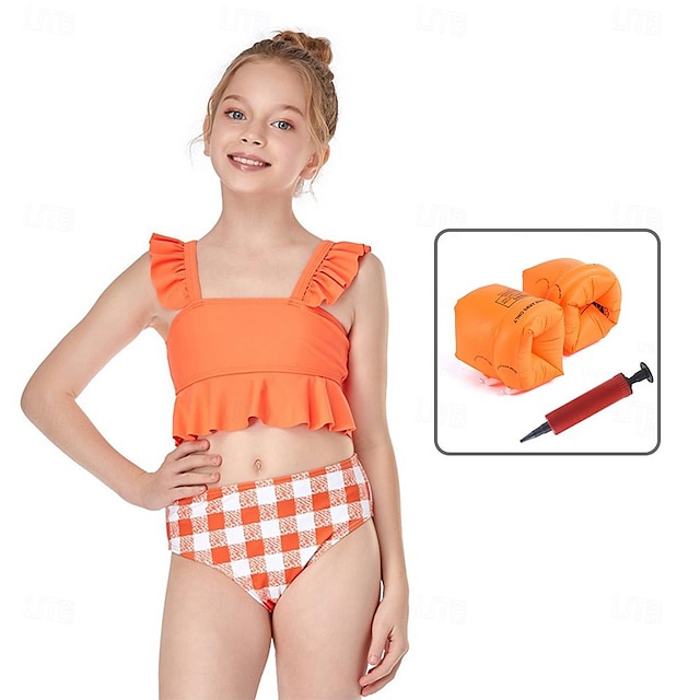  Kinder Split Rüschen Bademode bedruckt High Waist Bikini für Mädchen Urlaub mit Arm Floater&Pumpe