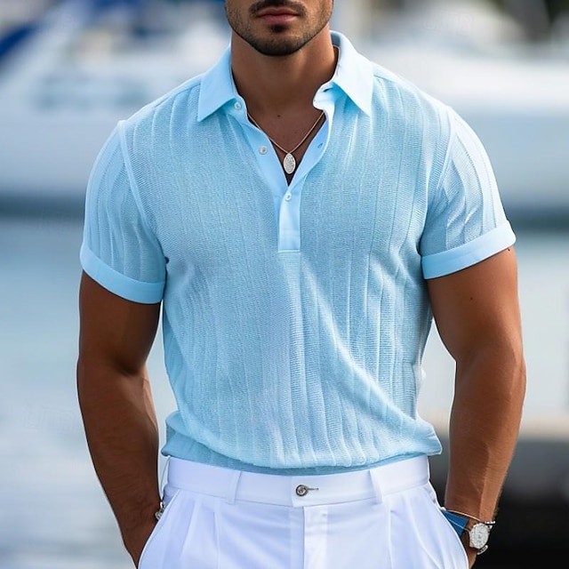  Men's Polo Golf Shirt Casual Holiday Ribbed Polo Collar Short Sleeve Fashion Basic Stripe Plain Button Quick Dry Summer Regular Fit Light Blue White Purple Khaki Polo