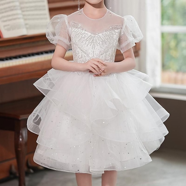 Kids Girls' Party Dress Solid Color Sequin Short Sleeve Wedding Special Occasion Mesh Zipper Tie Knot Adorable Sweet Cotton Polyester Knee-length Party Dress Summer Spring Fall 4-12 Years White