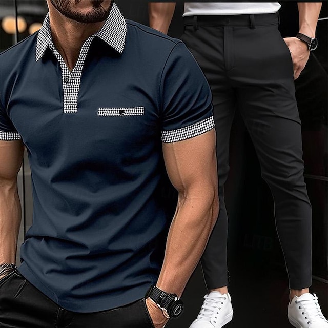 Men's Matching Sets Red Golf Shirt Golf Polo Chinos Chino Pants Sets Short Sleeve Lapel Vacation Casual Daily Color Block 2 Piece Polyester Spring & Summer