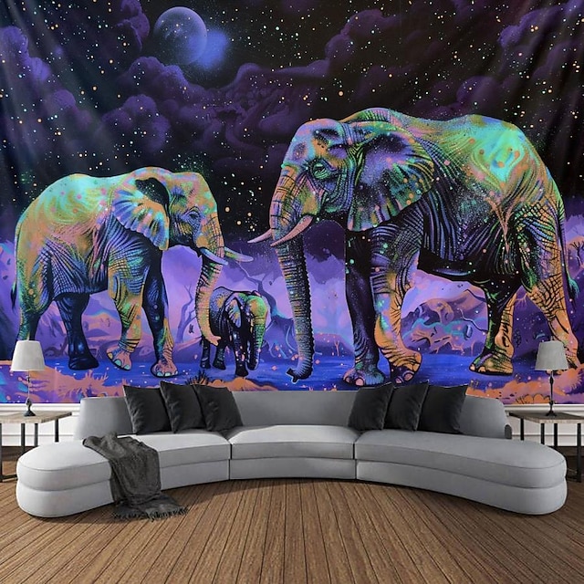  Elephant Animal Blacklight Tapestry UV Reactive Glow in the Dark Trippy Misty Nature Landscape Hanging Tapestry Wall Art Mural for Living Room Bedroom