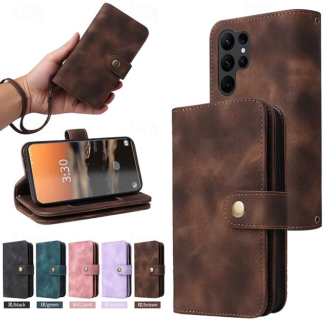  Phone Case For Samsung Galaxy S23 S22 S21 S20 Ultra Plus FE A73 A53 A33 A23 A13 Note 20 Ultra 10 Plus Wallet Case Zipper Full Body Protective with Wrist Strap Retro TPU PU Leather
