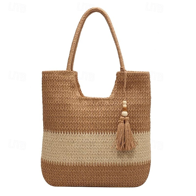  Women's Shoulder Bag Beach Bag Straw Bag Straw Daily Tassel Large Capacity Foldable Lightweight Geometric Ivory Brown