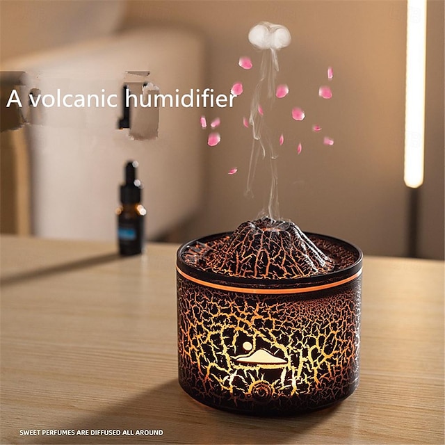 Mini humidificador de aire con luz de llama de medusas volcán, difusor de aroma, medusas de aceite esencial para niebla de fragancia para el hogar