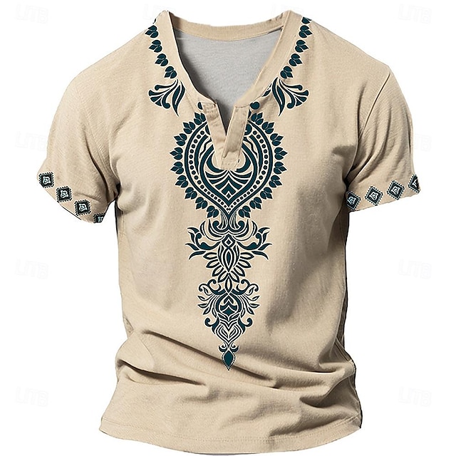  Baroque V Neck Men's Ethnic Style 3D Print T shirt Tee Henley Shirt Casual Daily T shirt Blue Khaki Short Sleeve Henley Shirt Summer Clothing Apparel S M L XL 2XL 3XL