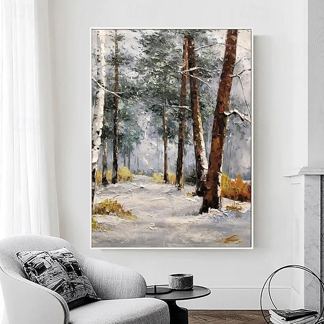  Large Wall Art Abstract Forest Oil Painting Handmade Modern Winter Tree Landscape Canvas Painting For Living Room Bedroom Decor (No Frame)
