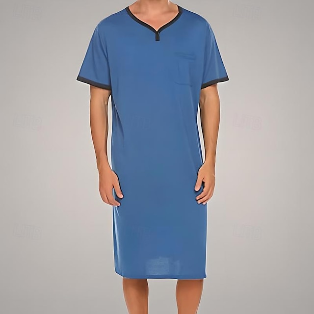  Voor heren Pyjama Loungewear Nachtkleding Nachthemd 1 stuks Heldere kleur Modieus Comfortabel Zacht Huis Bed Polyester Ademend V-Wire Korte mouw Standaard Herfst Lente Zwart blauw