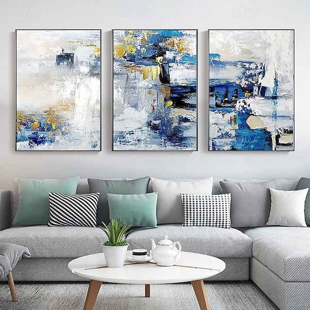  Handmade Large Wall Art Living Room Decor Abstract Canvas Handpainted Gold Blue Modern Home Decor Dining Room Bedroom Wall Decor Kitchen Decor Frame Ready To Hang