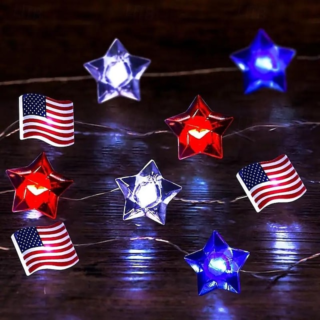  lumini cu leduri patriotice lumini de decor pentru ziua independenței 2m 20leduri alimentate cu baterii stele din 4 iulie lumini de zâne roșu alb albastru decorare a casei de vacanță