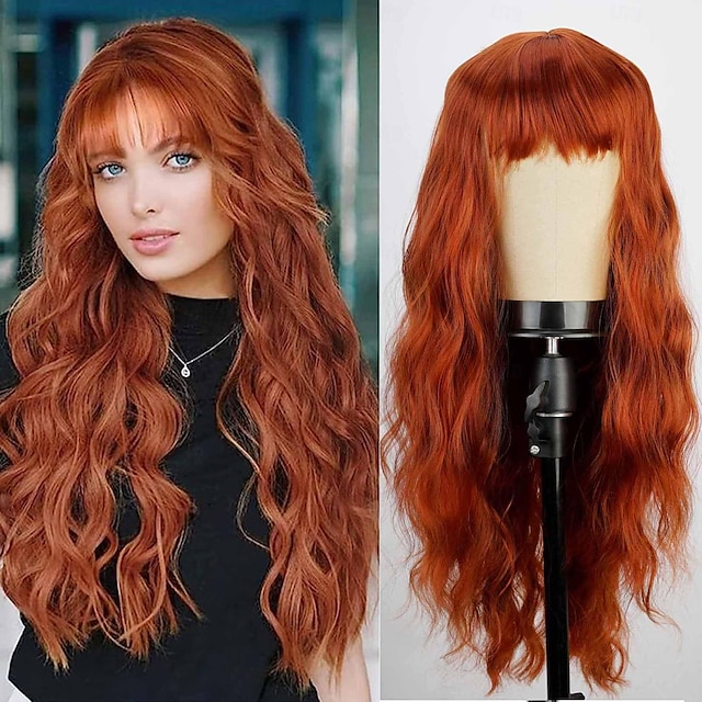  Auburn Wig with Bangs Soft Long Wavy Wigs for Women Curly Synthetic Wig Replacement Halloween Costumes Cosplay Party Wigs