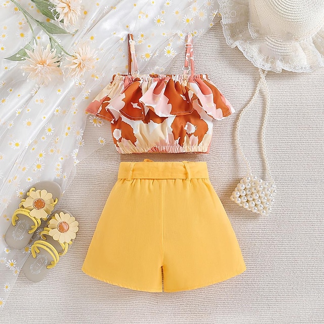  2 Pieces Kids Girls' Color Block Tank Top & Shorts Set Set Sleeveless Fashion Outdoor 3-7 Years Summer Yellow