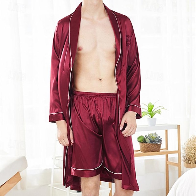  Homens Pijamas Manto de Seda Roupa de Dormir Conjunto de Pijama 1conjunto Tecido Moda à moda Clássico Casa Diário De Cama Poliéster Conforto Macio Lapela Manga Longa Calção Verão Vinho Azul Marinha