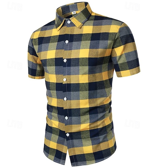  Men's Shirt Dress Shirt Button Up Shirt Yellow Short Sleeve Plaid Lapel Summer Wedding Party Clothing Apparel