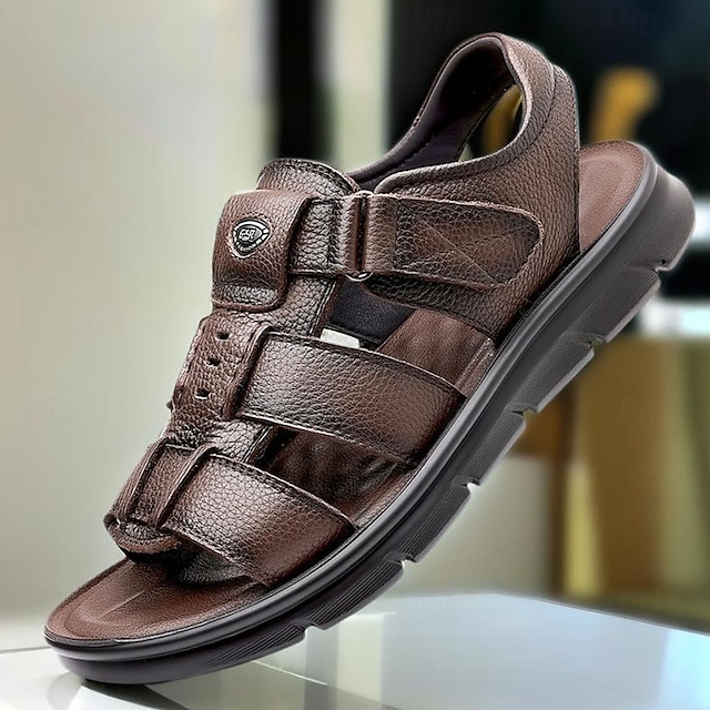  Men's Sandals Sporty Sandals Casual Italian Full-Grain Cowhide Breathable Comfortable Slip Resistant Magic Tape Loafer Black Coffee