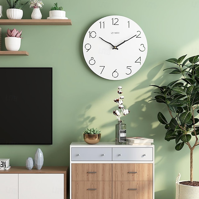  שעון קיר מודרני, יצירתי דקורטיבי נורדי לוג בסגנון שעון קיר ספרות ערביות שעון קיר מודרני עץ לבן פשוט שעון קיר עגול 30 ס