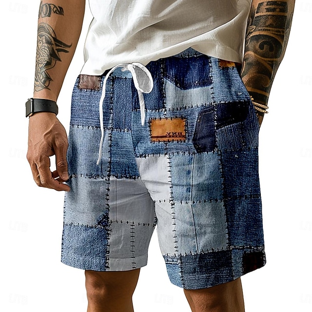  Herren-Boardshorts mit Farbblock-Print, Hawaii-Shorts, Badehose, Kordelzug mit Netzfutter, elastischer Bund, Urlaub, Strandkleidung