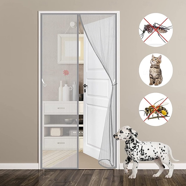  Cortina de puerta con pantalla magnética, mosquitera reforzada de fibra de vidrio para puerta trasera, admite mascotas, fácil de instalar, gris