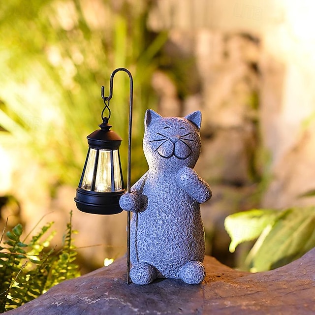  estátua de jardim solar estatueta de gato arte de jardim leve com lanterna solar, gato amoroso para pátio, varanda, quintal, gramado - presente exclusivo de inauguração para mãe de jardim avó