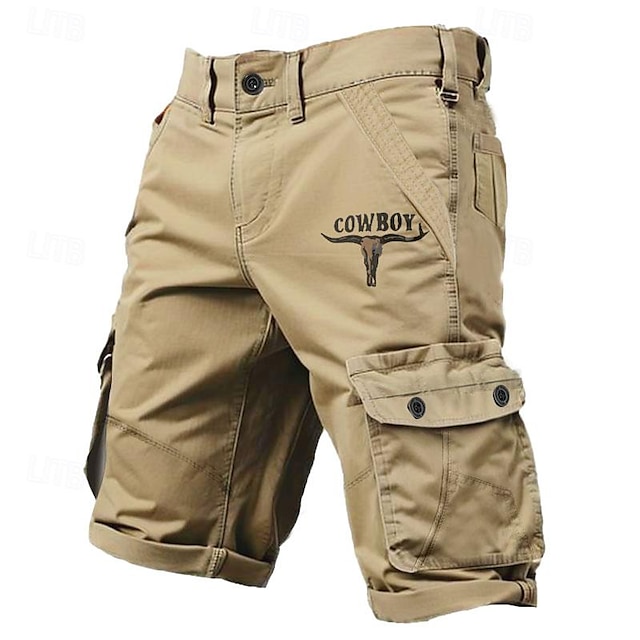  cargoshorts för män flera fickor grafiska cowboy korta utomhussporter utomhus klassiska mikroelastiska shorts