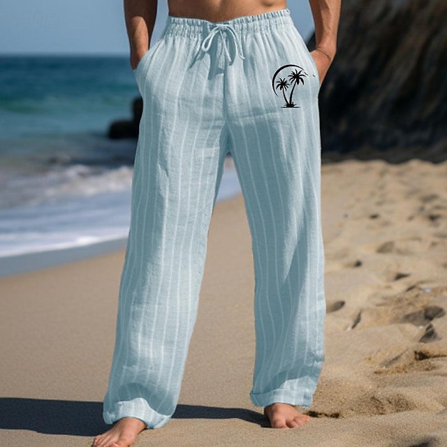  Bărbați Pantaloni de in Pantaloni Pantaloni de vară Pantaloni de plajă Buzunar Cordon Talie elastică Copac de cocos Dunga Confort Respirabil Zilnic Concediu Vacanță Hawaiană Boho Alb Albastru piscină