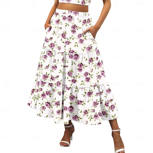  Women's Skirt A Line Swing Maxi Skirts Print Floral Holiday Vacation Summer Cotton Casual Boho Yellow Pink Red Navy Blue