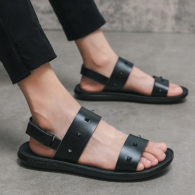  herr pu andas sandaler gladiatorsandaler romerska sandaler promenader avslappnad daglig strand magiska tejp skor svart sommar