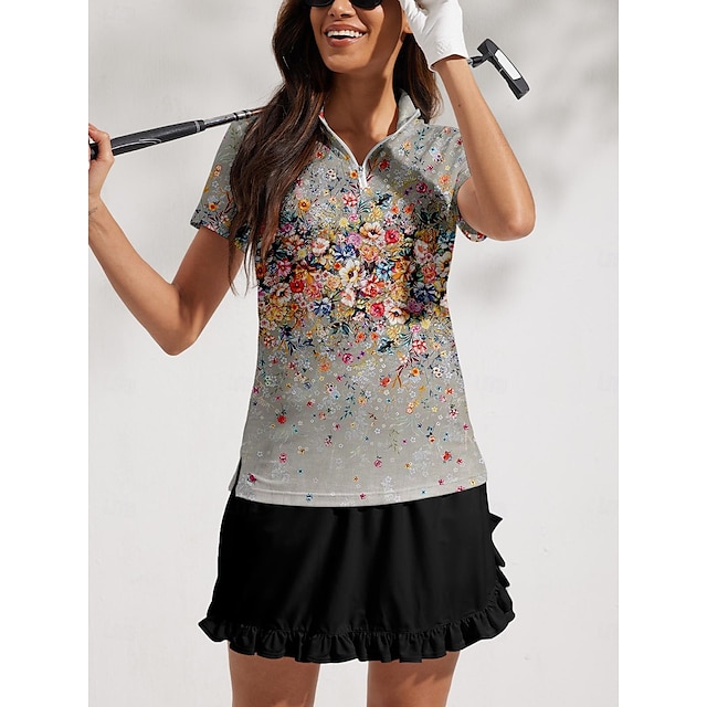  Women's Golf Polo Shirt Grey Short Sleeve Top Ladies Golf Attire Clothes Outfits Wear Apparel